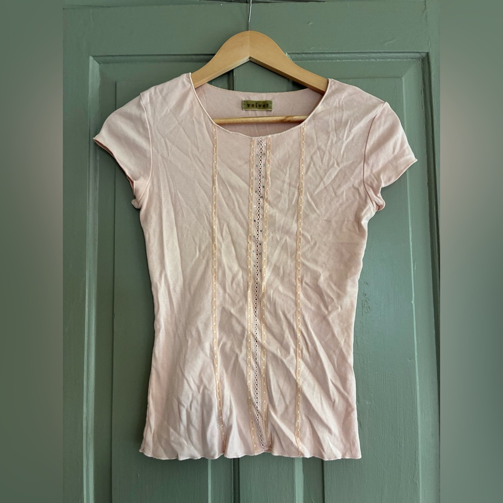 Velvet Pale Pink Short Sleeve Lace-Trim Tee